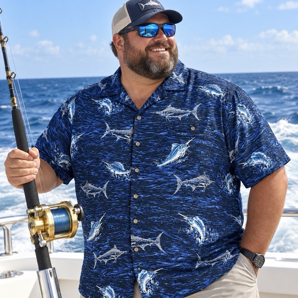 Ocean + Coast Mens 3XL Blue Marlin Fishing Shirt Fisherman Deep Sea Hawaiian Big